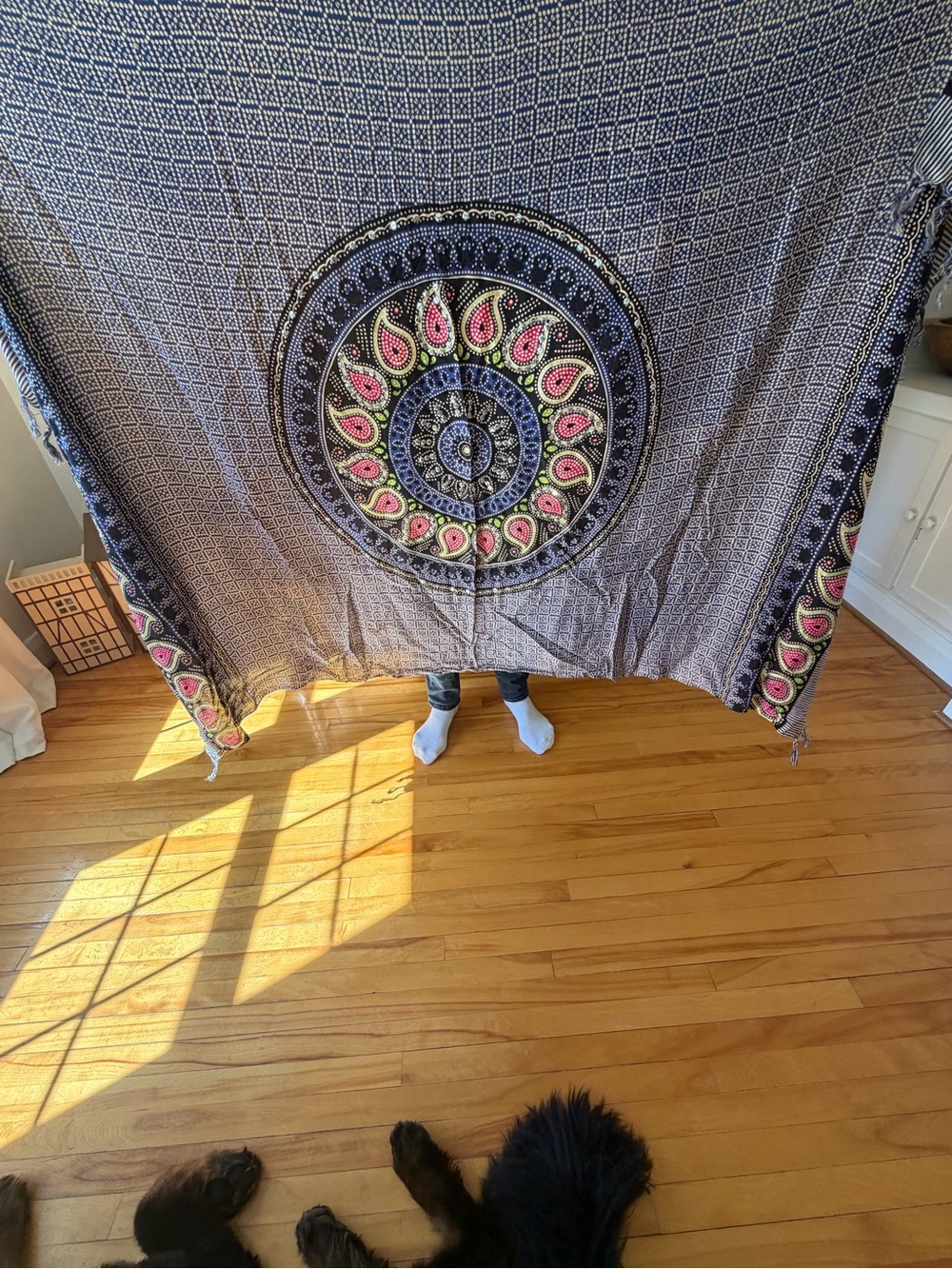 Bohemian Mandala Wall Sarong - Blue with Pink Accents